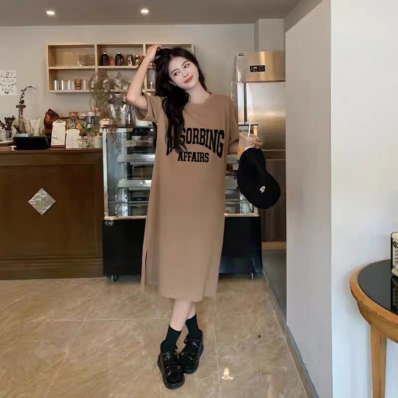 Picture of Summer Korean Style South Korea plus size Women's Casual Long dress chubby girl Loose Over-the-Knee T-Shirt Long Dress Women's Nightdress