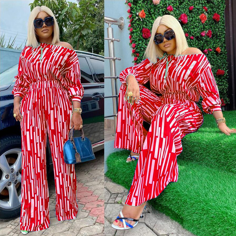 Picture of Explosions wish Europe and America 200 Jin plus size Women's Stripe Printed Oblique Long Sleeve Shoulder Loose Fashion Leisure suit Women