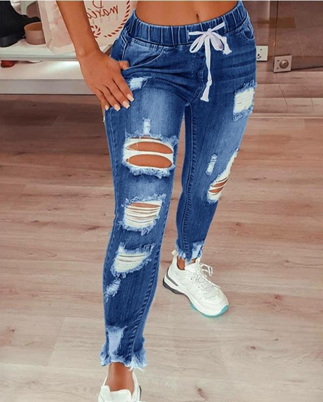 Foreign trade Amazon wish European and American women's casual ripped pencil pants elastic waist tight skinny jeans