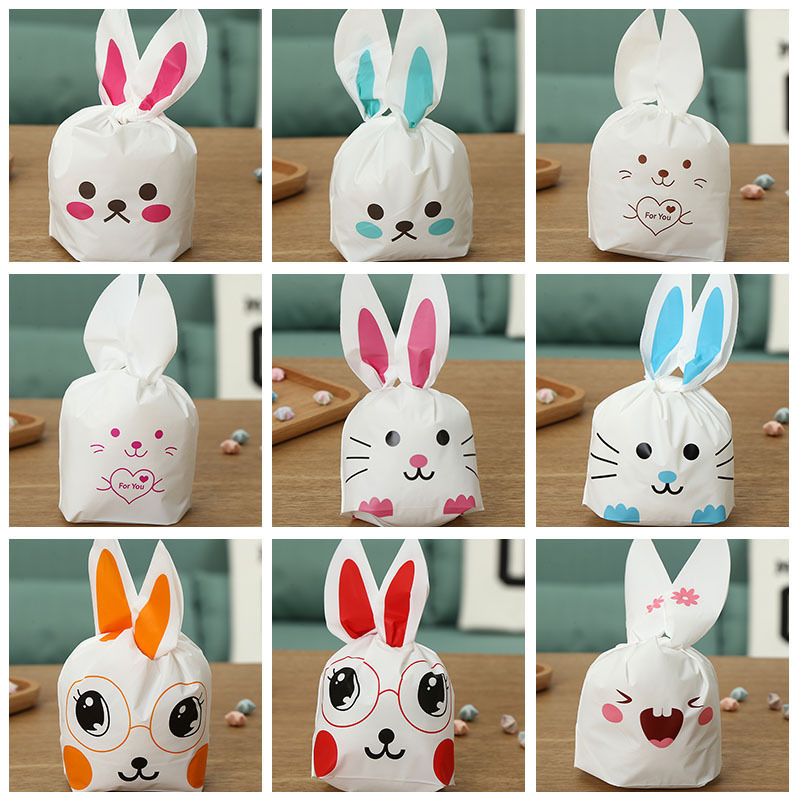 13.5*22 Cute Candy Apple Bag Cartoon Pattern Cookie Baking Packaging Bag Rabbit Ears Bag 50/Pack