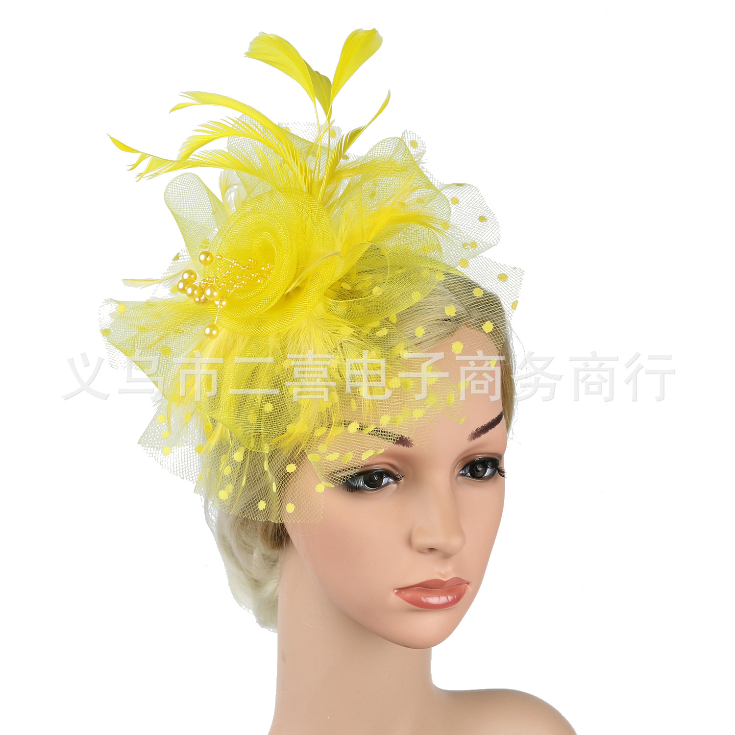 Picture of European and American Popular Amazon Feather Headdress Bridal Hair Accessories Mesh Top Hat Jockey Club Hair Accessories Hairpin Headband