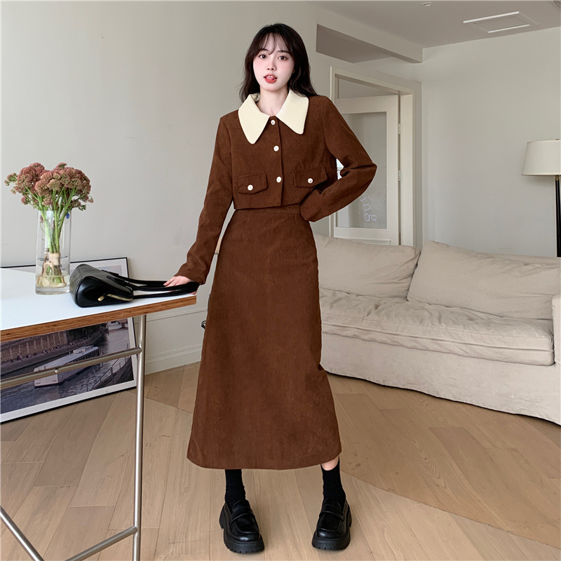 chubby girl plus size Style Lapel Short Coat Half-length Dress Two-piece Autumn and Winter Corduroy dress suit