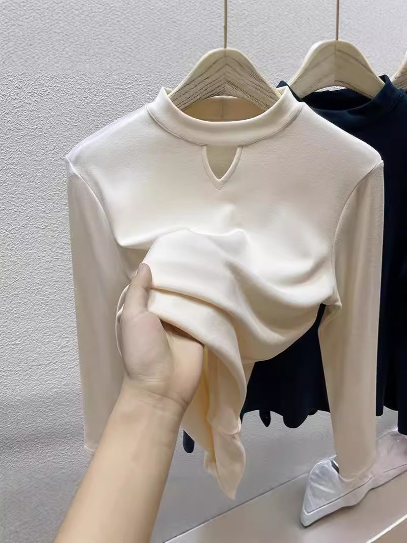 Round neck brushed double-sided velvet bottoming shirt women's 2024 autumn and winter new hollow inner fleece-lined thickened top