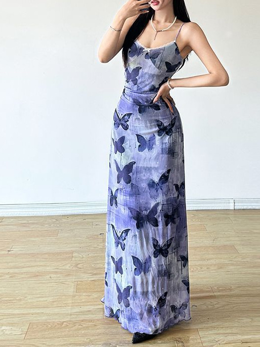 Tea Break French Butterfly Floral Suspender Dress Women's Summer New Seaside Vacation High-End Long Skirt Ins