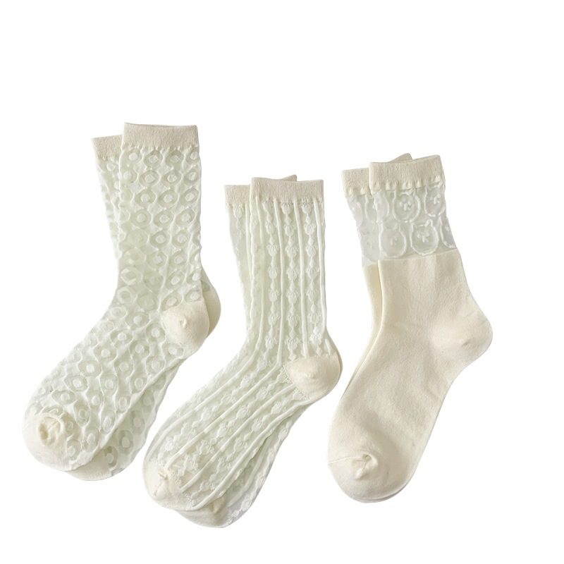 Kitten Socks Women's Ins Japanese-style Glass Silk Transparent Crystal Mid-size Socks Spring and Summer Thin Window Dot Card Socks