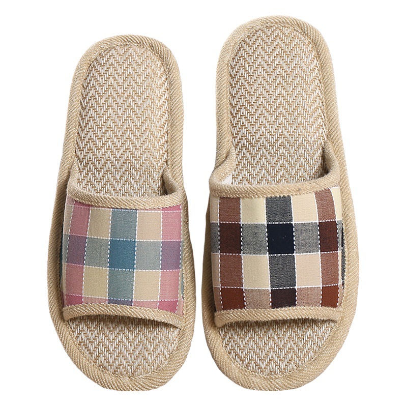 Four Seasons Linen Slippers Men's Indoor Home Non-Slip Wear-Resistant Home Wooden Floor Women's Soft Bottom Mute Plaid Couples Slippers