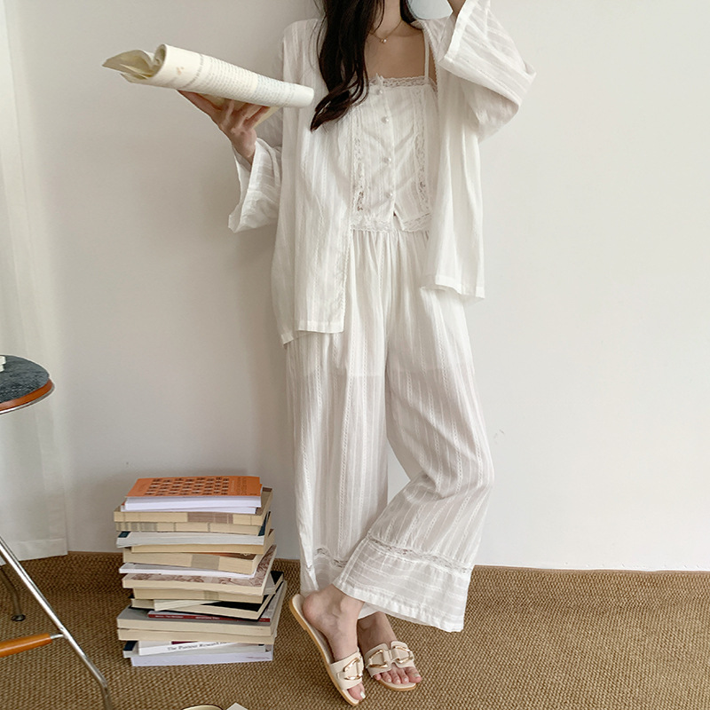 Korean Style Pajamas for Women Spring and Summer Pure Cotton Suspenders Long-Sleeved Trousers Breathable Loose Pure Desire Thin Three-Piece Set Wholesale