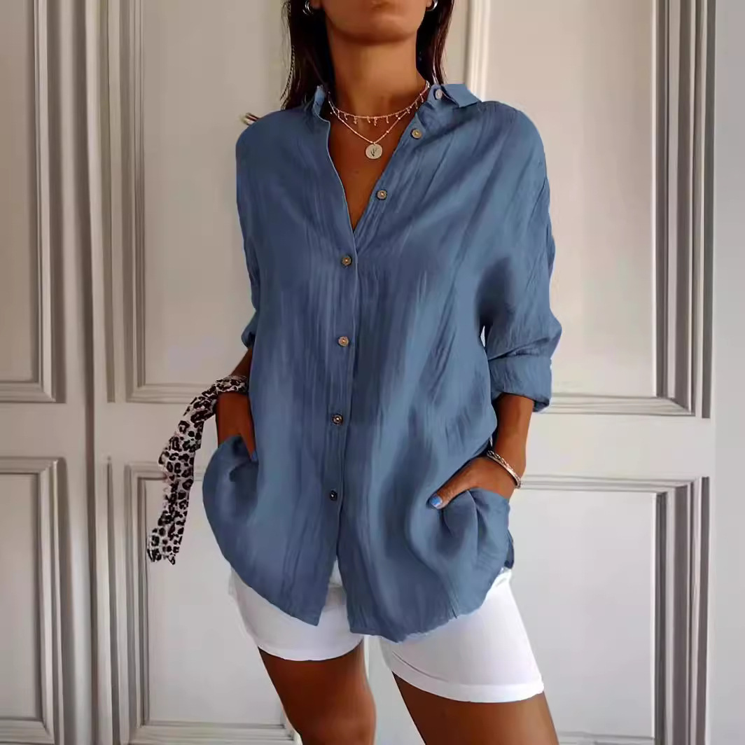 2024 New Single-breasted Pleated Lapel Shirt Independent Station Explosions Women's Solid Color European and American Sleeve Top