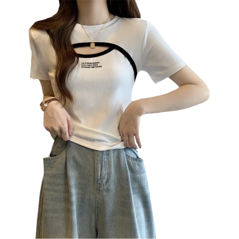 Design Sense Hollow Short-sleeved T-shirt Women's 2024 Summer New plus size Flesh Covering Slim Letter Printed Chic Top
