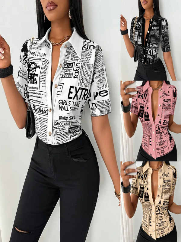 Cross-Border 2025 Aliexpress Wish Popular Summer Fashion Printed V Neck Single-Breasted Shirt for Women