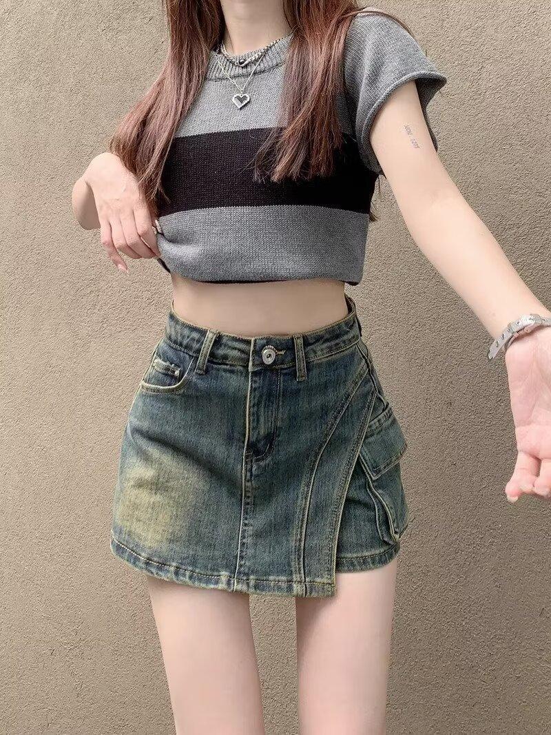 Vintage Denim Skirt Women's Summer Design Sense Niche Large Size High Waist A- line Hip Skirt Anti-slip Pant Skirt