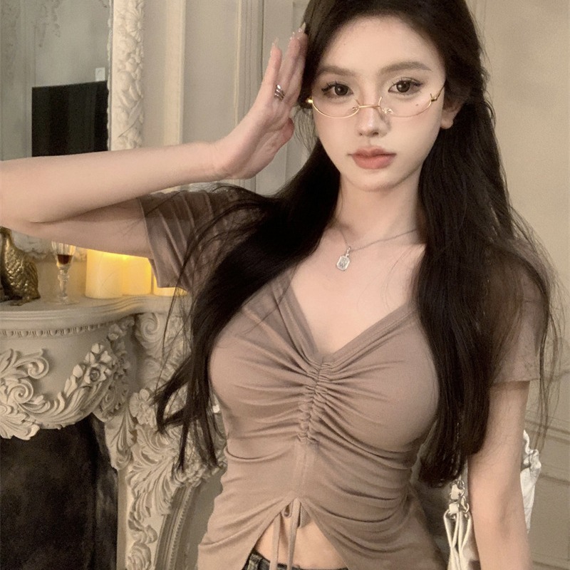 Sexy Sexy Short-Sleeved T-Shirt for Women Summer 2025 New Pleated Drawstring Design Chic Crop Top