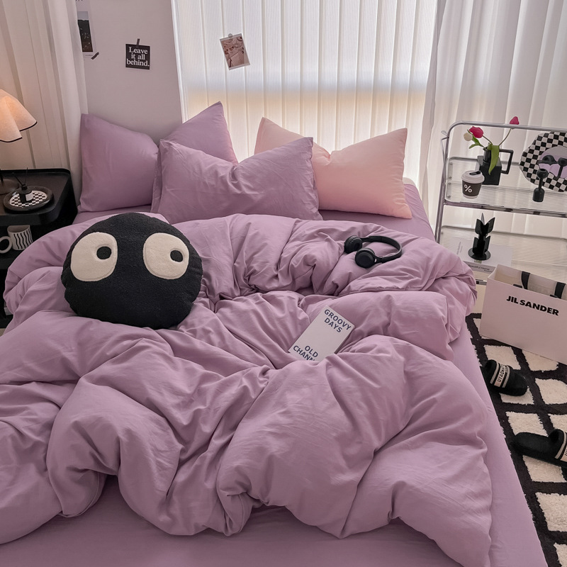 Picture of Four-piece bed set A can sleep naked wash cotton quilt cover solid color bed sheets student dormitory three-piece bed hat wholesale 4