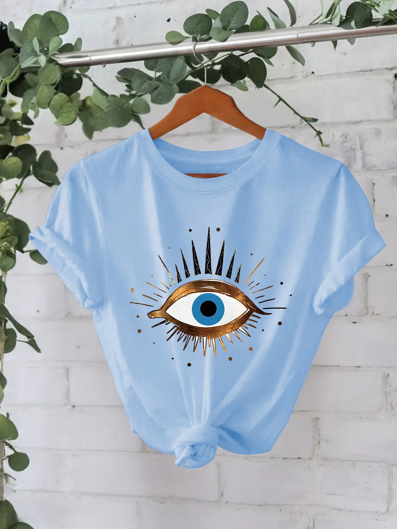 in stock European and American round neck fashion eyes printed cotton top women's T-shirt Amazon in stock loose short sleeve foreign trade