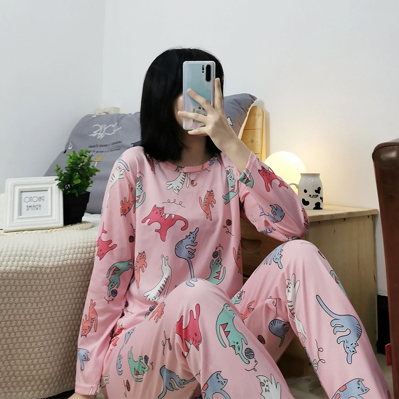 Cute Thin Pajamas Women's Spring and Autumn Round Neck Long Sleeve Autumn Can Wear Sweet Style Less Women's Home Clothes suit