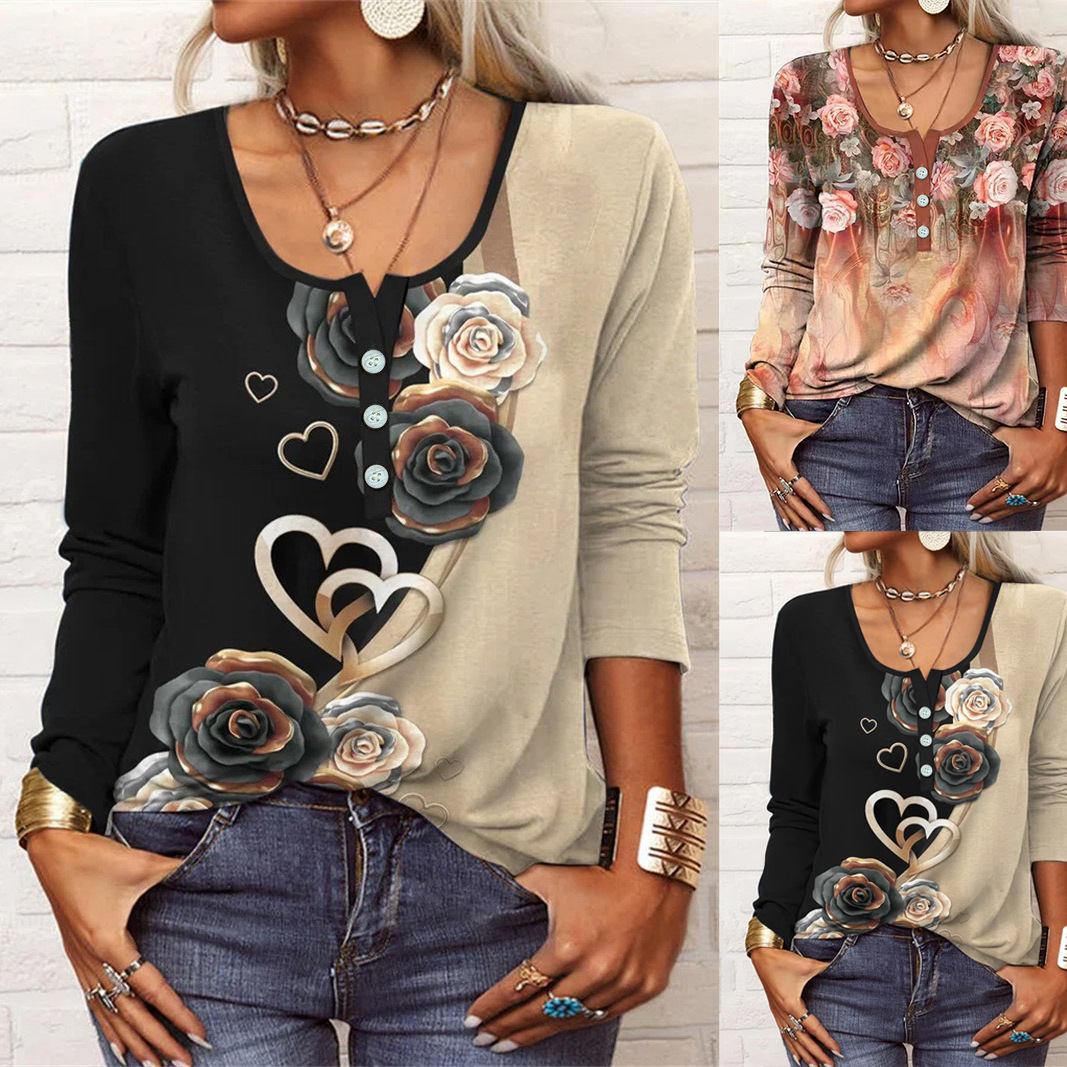 2023 autumn and winter European and American cross-border TEMU independent station wish new women's long-sleeved printed ethnic fashion T-shirt women