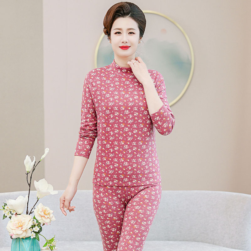 Picture of De velvet thermal underwear for middle-aged and elderly people printed mid-collar autumn clothes long pants suit women's double-sided brushed bottoming shirt winter