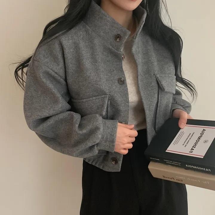 Korean-style Chic Autumn and Winter Vintage Niche Collar Single-breasted Loose Casual All-match Long-sleeved Short Woolen Coat for Women