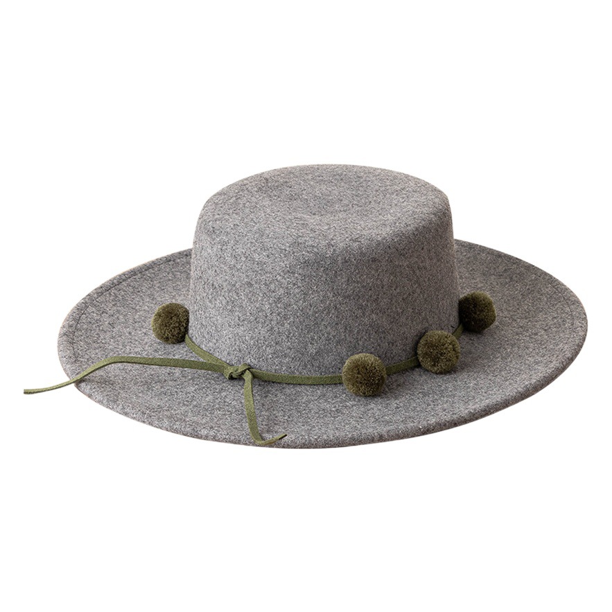 Children's Autumn and Winter New Fashion Casual Fur Ball Chain Wool Flat Top Top Hat All-match Warm Wide Brim Felt Hat