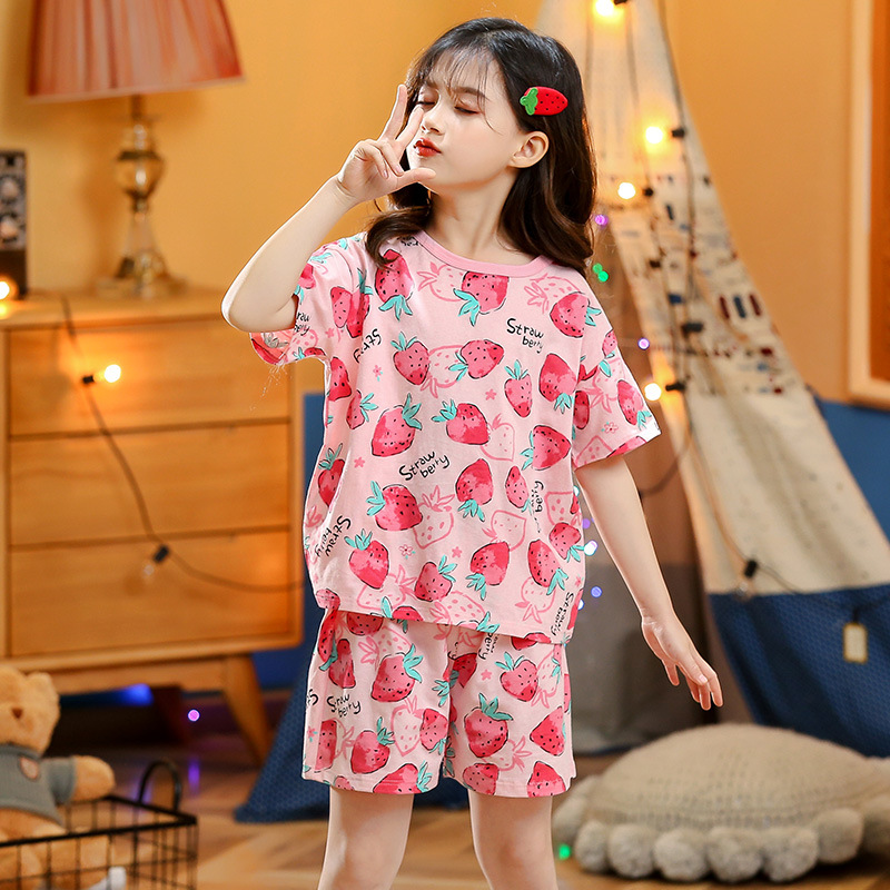 Picture of 2024 New Kidsren's Summer Short-Sleeved Suit Home Clothes Pajamas Pure Cotton Thin Air-Conditioned Clothes Princess Girls Baby