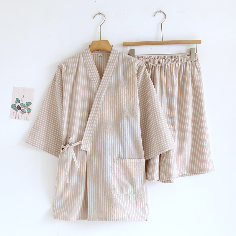 Spring and Autumn New Cotton Washed Cotton Thin Striped Pajamas for Men and Women Couple Kimono Short Sleeve Shorts Pants Set