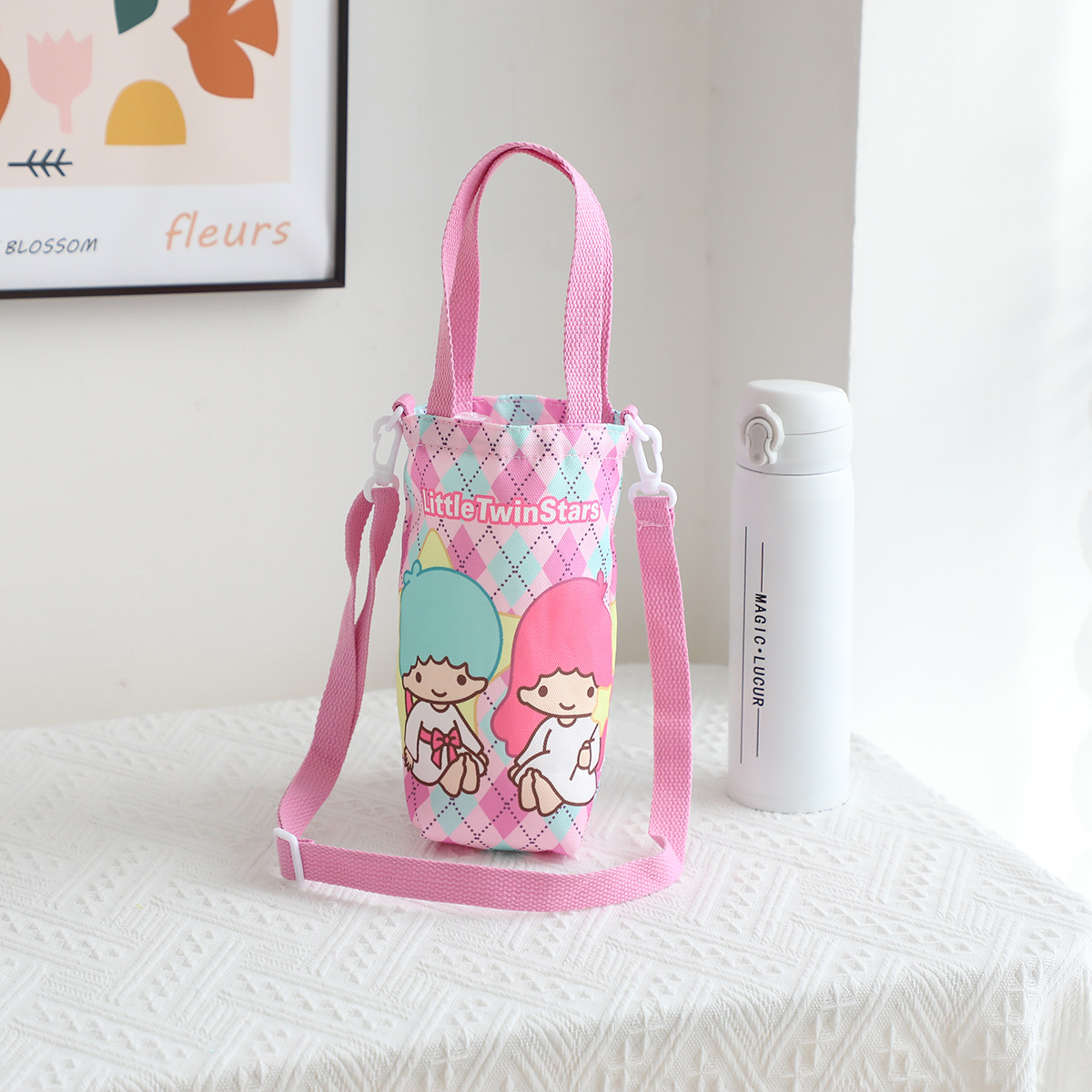 Picture of Japanese Style Cartoon Cute Canvas Water Cup Bag Crossbody Portable Dual-purpose Water Kettle Bag Outgoing Small Cloth Bag Handbag