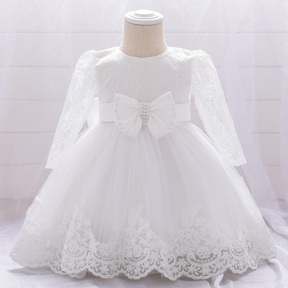 Picture of Amazon one-year-old dress long sleeve lace stitching wash dress bow beaded girl dress