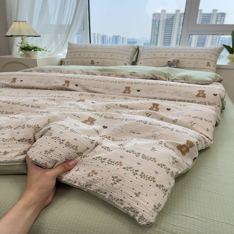 Picture of Double-Layer Gauze Wrinkled Cotton Bed Four-Piece Set Small Fresh Quilt Cover Home Ins Style Floral Summer New Three-Piece Set
