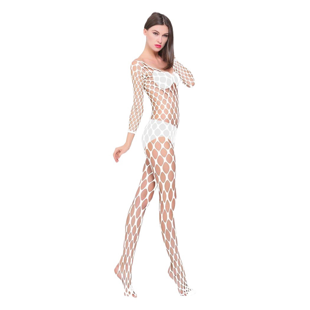European and American Sexy Lingerie Long-Sleeved Large Mesh Hole One-Piece Fishnet Stockings Mesh Stockings Open Crotch Export W097