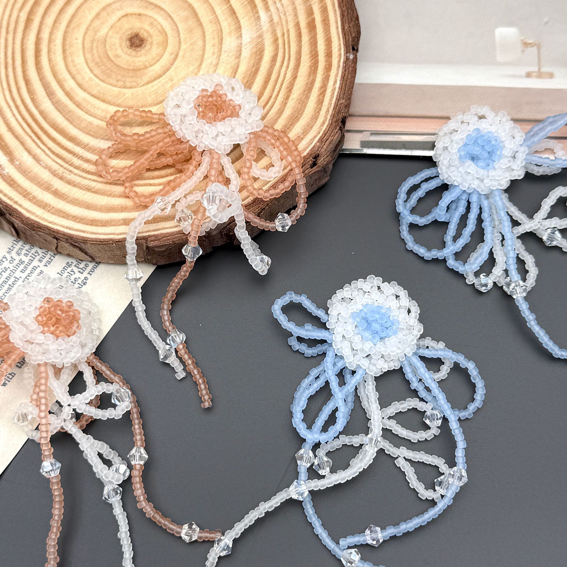 Picture of New handmade DIY glass bead braided beaded cool wind tassel long flower bow earrings hair accessories