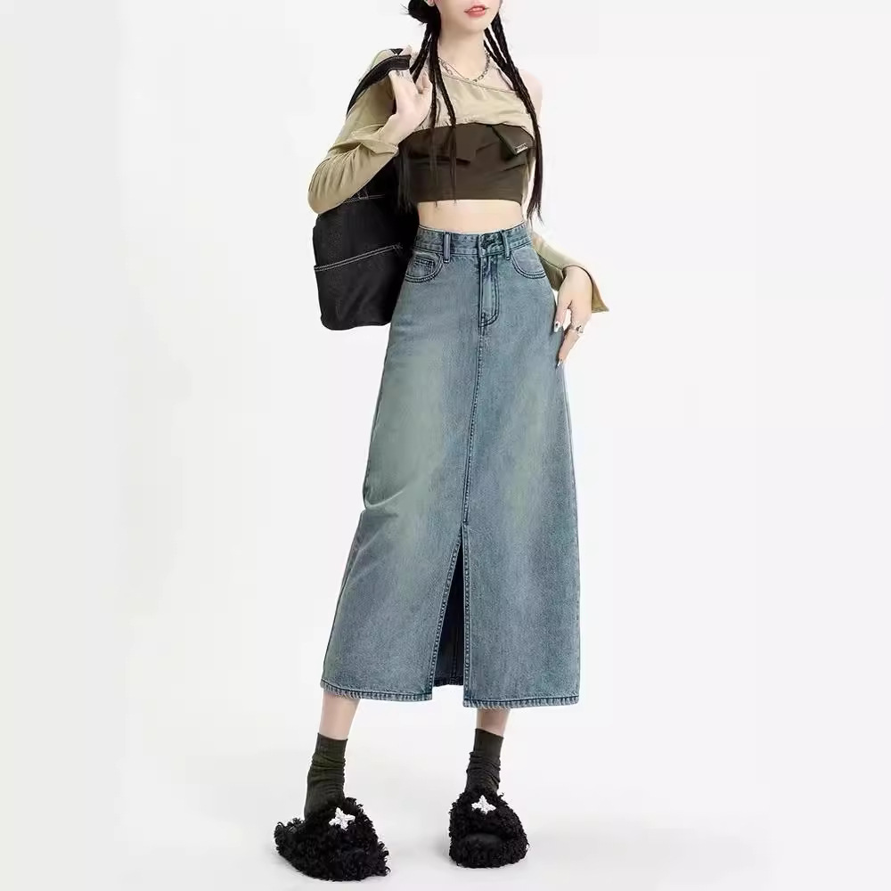 light blue American Split Skirt Women's 2024 Summer New All-match Fashionable A- line Denim Mid-length Skirt