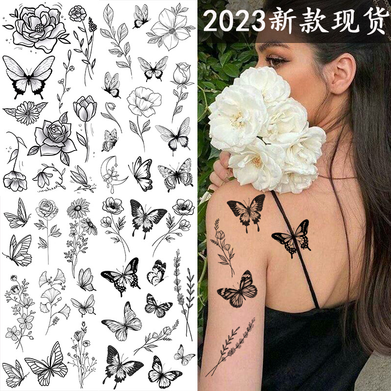 Picture of Cross-Border Supply of Sketch Flower Tattoo Stickers, Sketch Tattoo Stickers, Rose Flower Black and White Flower Tattoo