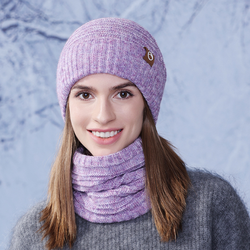 Picture of Winter two-color hat scarf two-piece outdoor cold-proof warm knitted wool hat fleece-lined ear protection cap for women