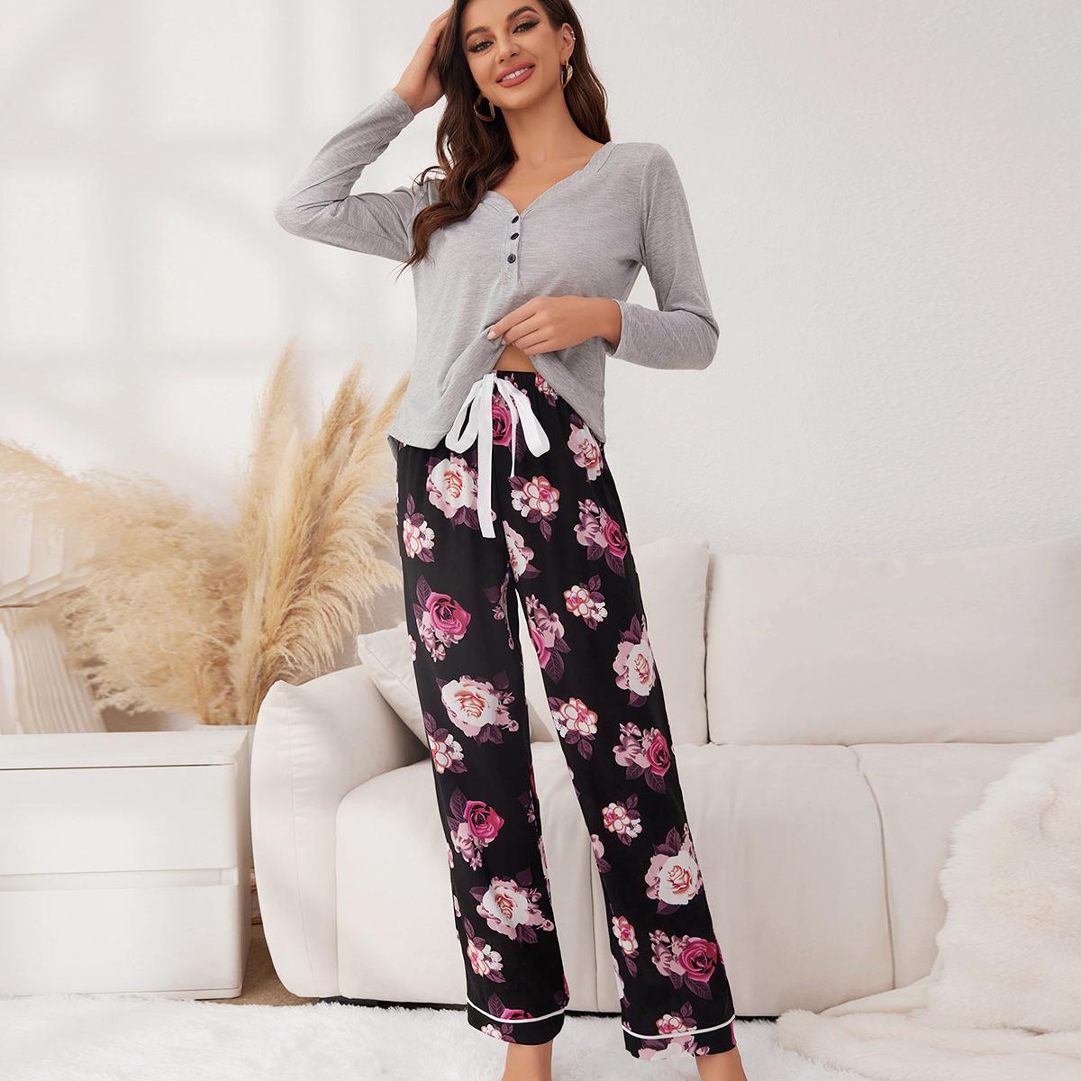 Cross-Border European and American Pajamas for Women, Autumn and Winter Flower Long-Sleeved Pants, Two-Piece Set, Home Clothes, Export Wildberries