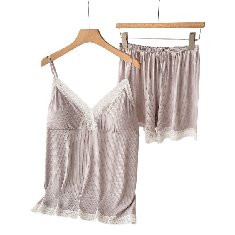Removable Breast Pad Pajamas Women's Lace Suspender Shorts Two-Piece Set Cool Loose Large Size Suit Home Clothes