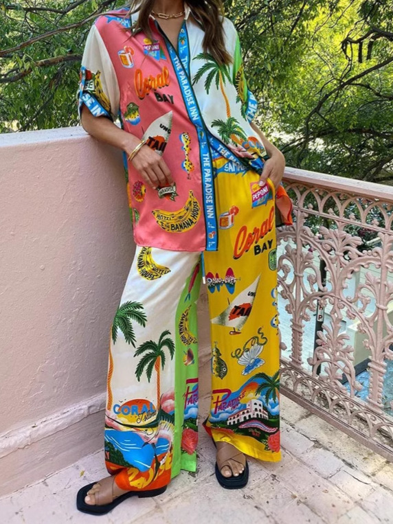 European and American Cross-Border 2025 Independent Station Aliexpress Fashionable Vacation Printed Short-Sleeved Color-Blocked Casual Tether Women's Suit