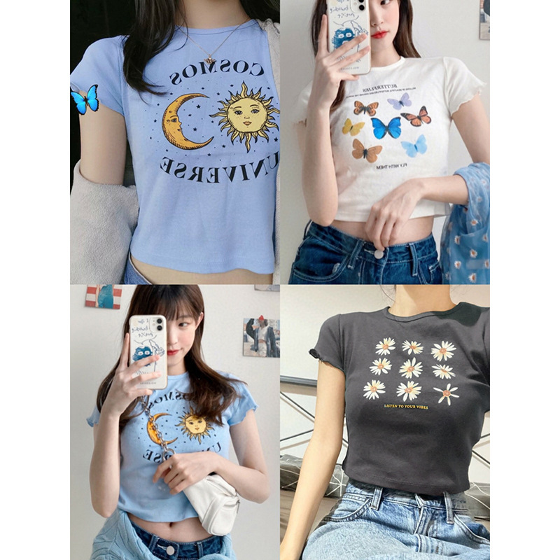2025 Cross-border Internet Hot Super Fire bm Hyun Ya Feng Navel Short Hong Kong Flavor Top Butterfly Short-sleeved T-shirt Women