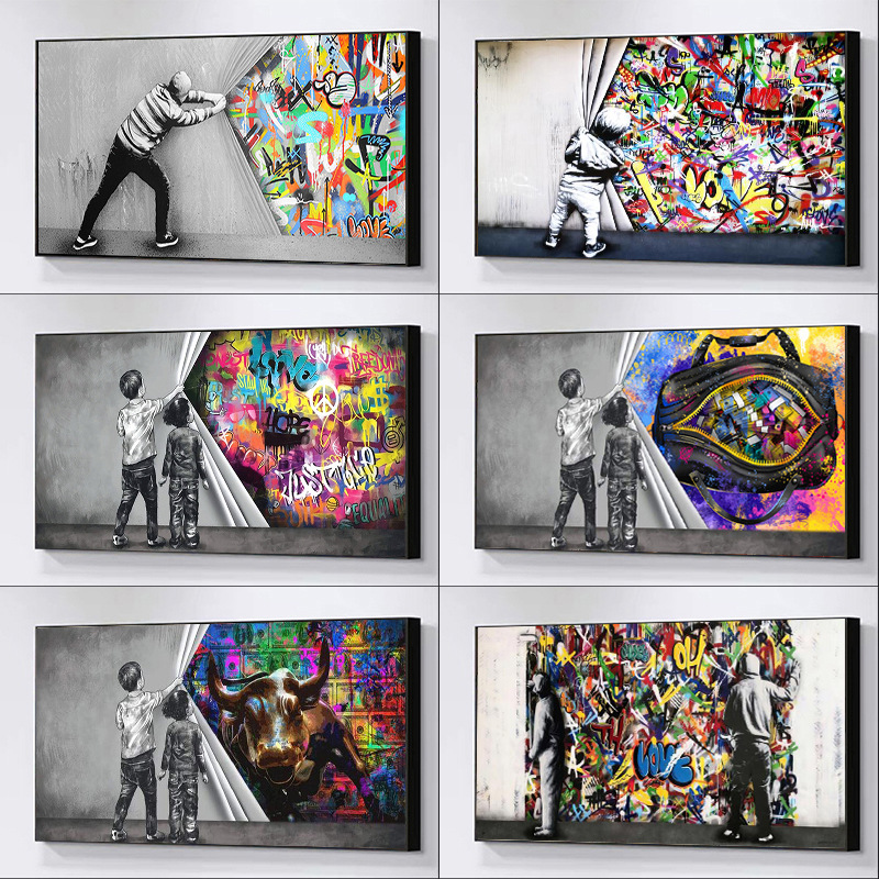 Banksy Curtain Behind Graffiti Art Canvas Painting Mural Poster Wall Art Living Room Modern Decorative Painting