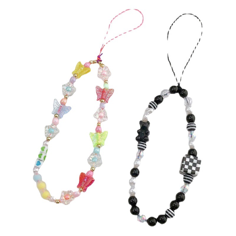 New beaded mobile phone chain black heart square bear mobile phone lanyard colorful butterfly short mobile phone rope pendant trend