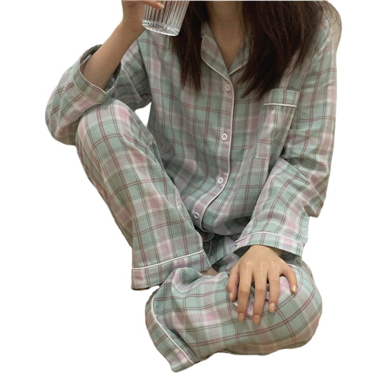 South Korea's Dongdaemun New Pajamas for Women Ins Pink and Green Plaid Home Clothes Can Be Worn Outside Cardigan Ready-Made Manufacturer Wholesale