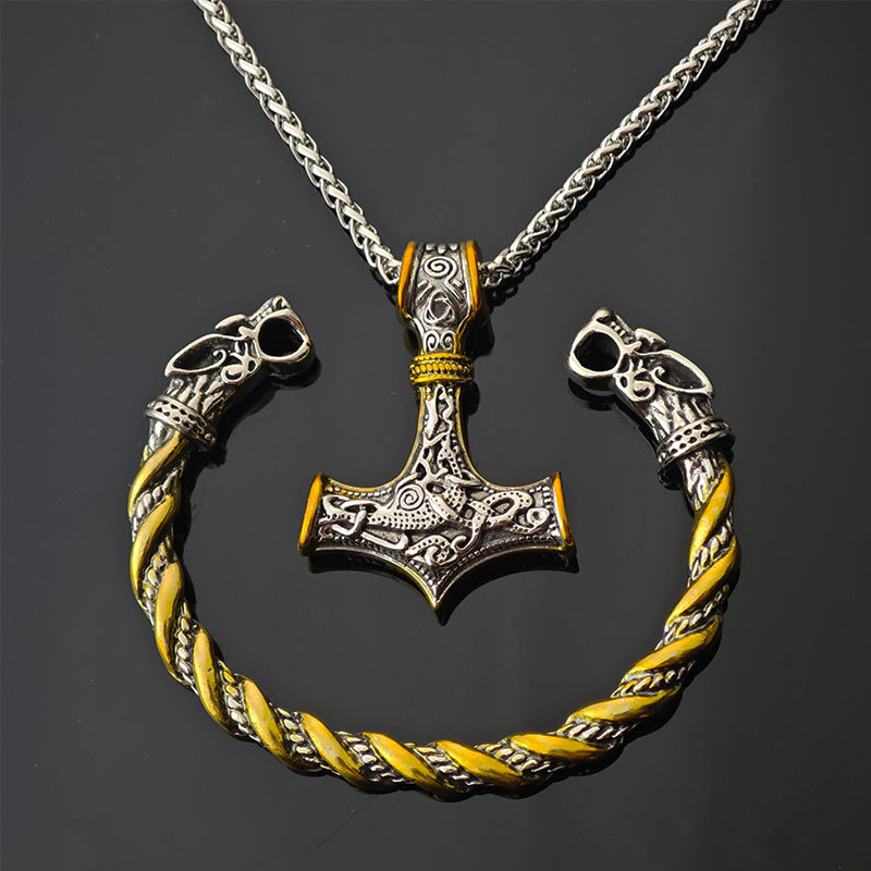 Picture of European and American Cross-border Explosions Viking Retro Rune Hammer Necklace Wolf Head Bracelet Viking suit Jewelry Accessories Wholesale