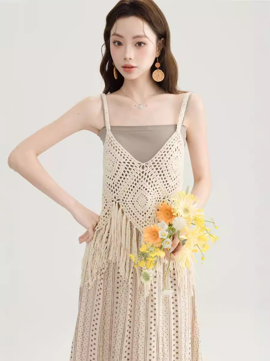 Picture of 2024 Fringed Camisole Women's Summer Thin Hollow Crochet Overwear Sleeveless Top Knitted Blouse