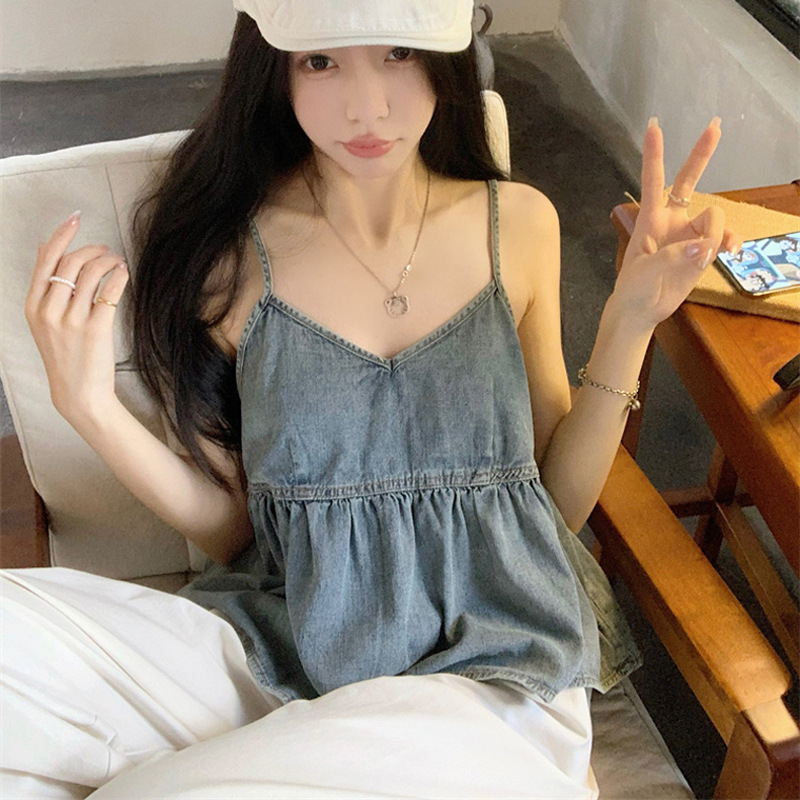 Ruffled Design Korean-style Short Inner Sleeveless Top Loose Pleated V-neck Denim Camisole Women's Outer Wear