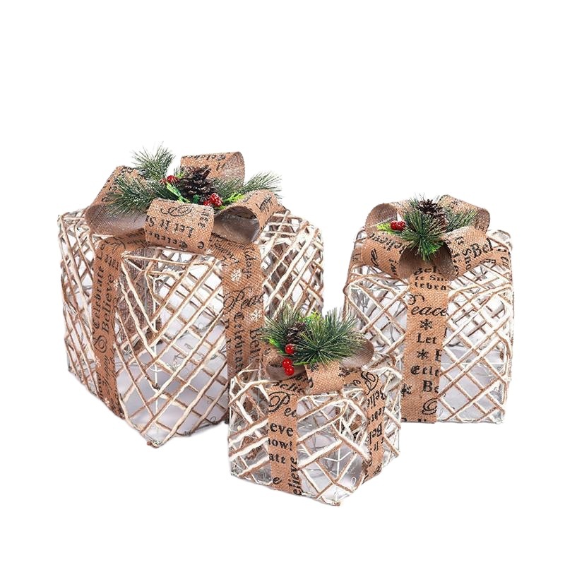 2023 new cross-border supply luminous three-piece Christmas decorative box Christmas iron decoration flocking gift box