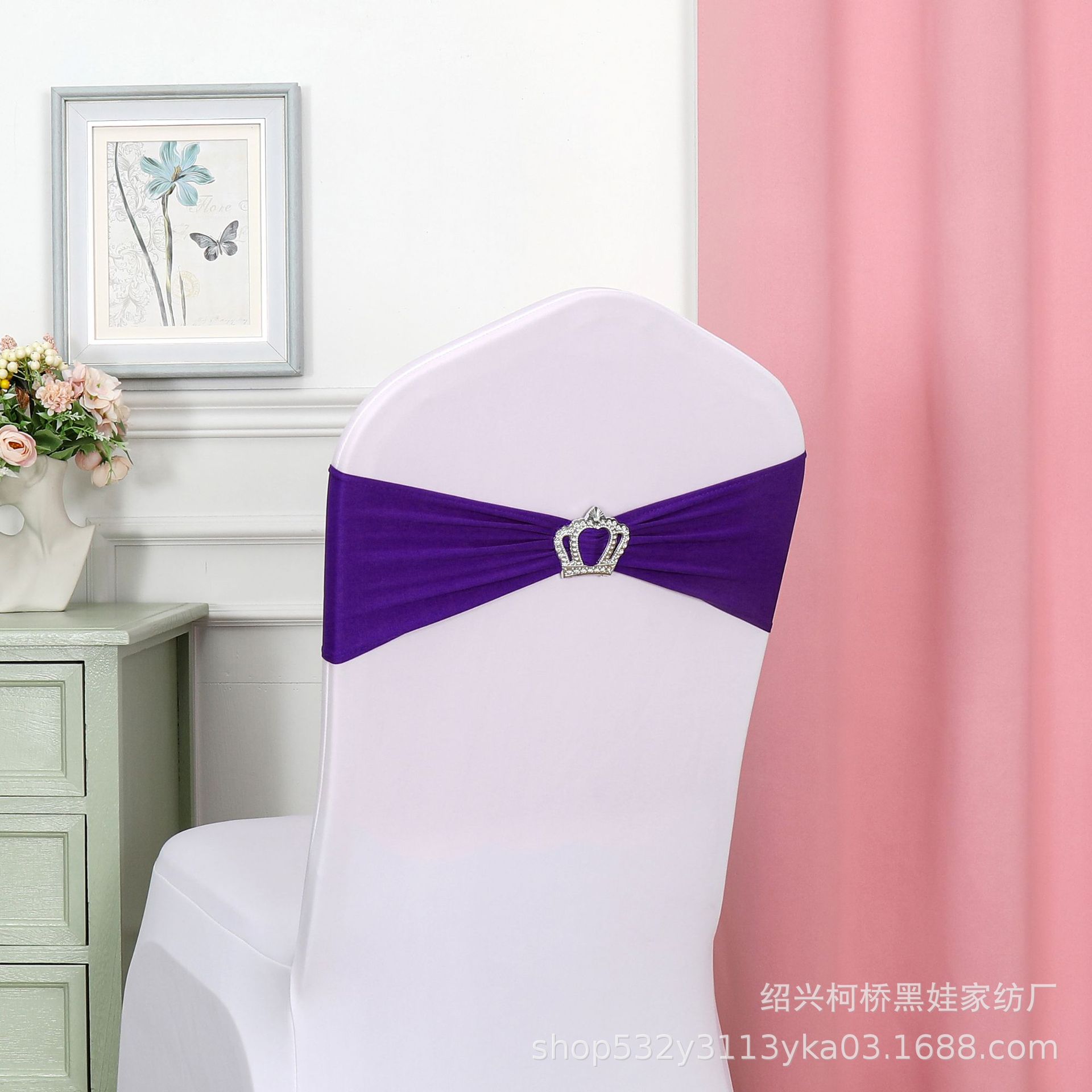 Picture of Chair Back Flower Bow Crown Diamond Buckle Elastic Banquet Chair Set Decoration Free Wedding Strap Ribbon Wedding Ribbon