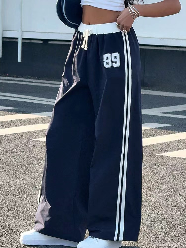 Picture of Cross-border, Europe and the United States, 2025 spring/summer new high-waisted drape, loose straight wide-leg slacks, drawstring color-blocking trousers