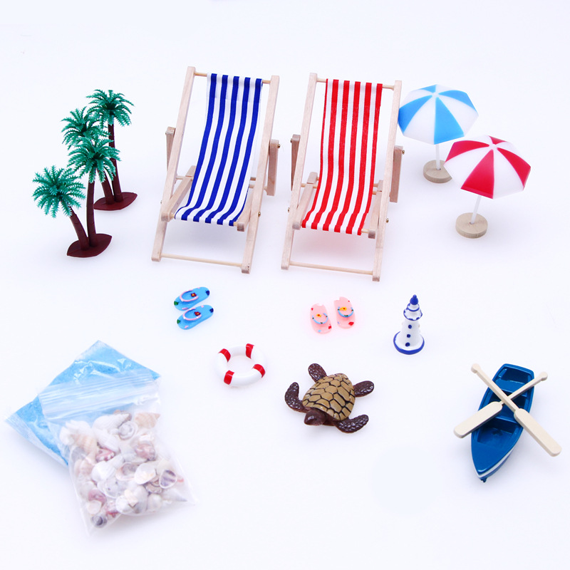 Picture of Dollhouse Doll House Mini Beach Set Micro Landscape Summer Shell Sun Umbrella Wooden Beach Chair