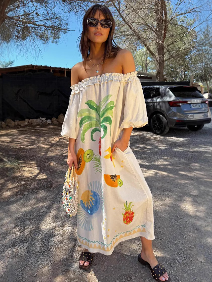 European and American Cross-Border 2025 New Aliexpress Amazon Independent Station Casual Fashion Linen Loose One-Shoulder Dress