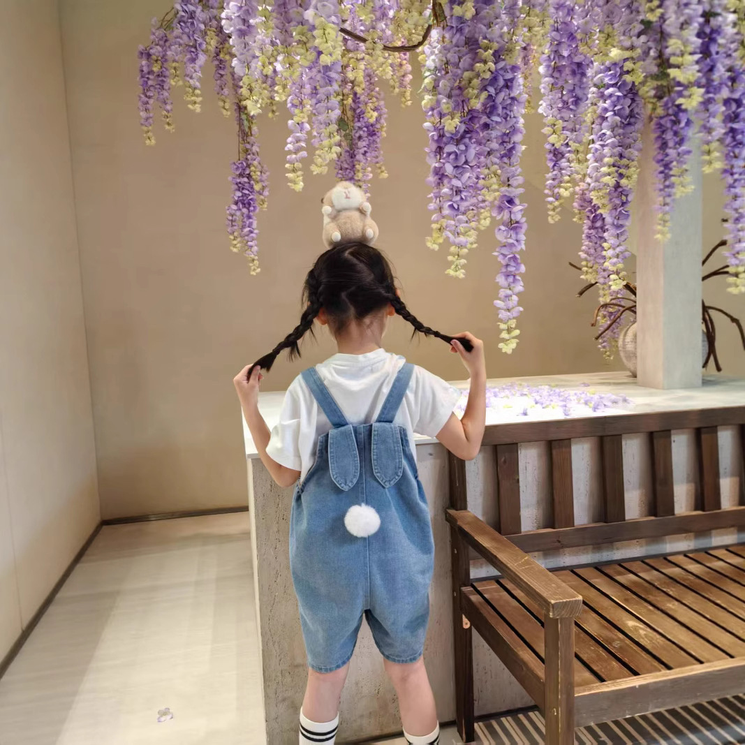 Children's Summer Denim Thin Short Overalls with Bunny Ears, Loose Overalls Shorts, Versatile Pants, Casual Trendy Brand