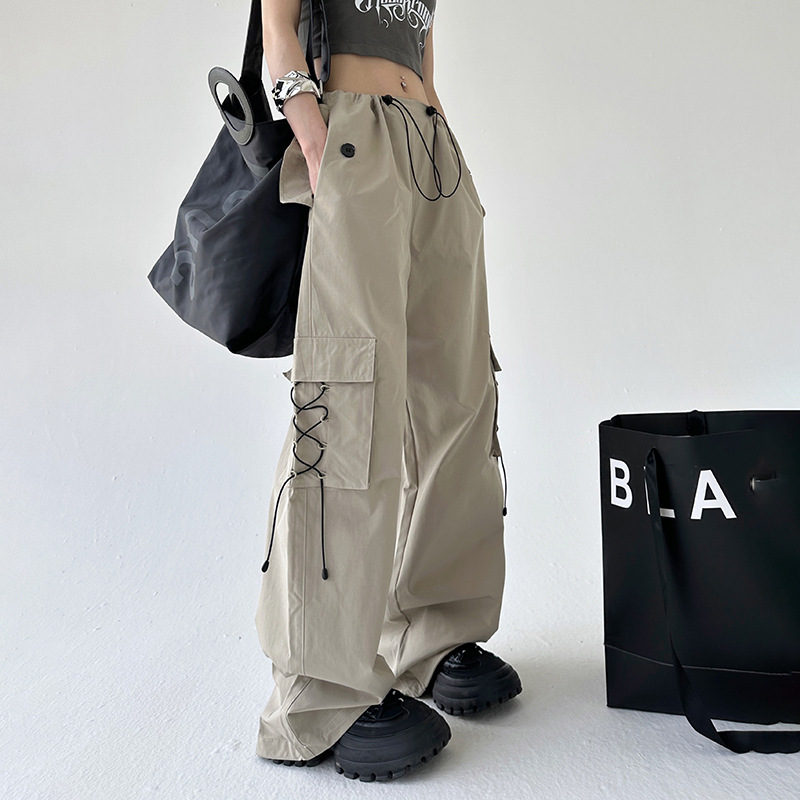 Drop Pants Women's Caution Pants 2023 New Summer Khaki Casual Loose American Style High Street Pleated Wide Leg Pants